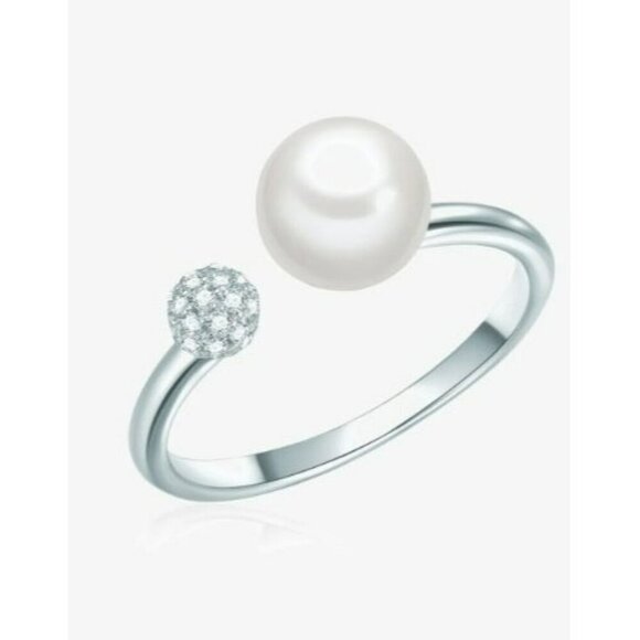 Jewelry - Geo Sphere Open Band Ring with Round Pearl and Round Zirconia Adjustable Ring